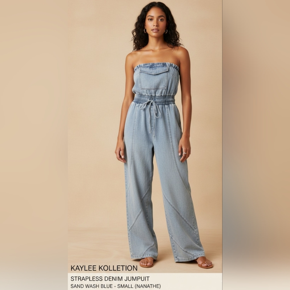 Kaylee Kollection Strapless Utility Denim Jumpsuit In Light Blues Size S